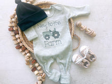 Load image into Gallery viewer, New to the farm romper, tractor coming home outfit for baby boy, farm boy sleeper, green tractor hospital outfit, ranch, sketch embroidery
