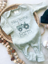 Load image into Gallery viewer, New to the farm romper, tractor coming home outfit for baby boy, farm boy sleeper, green tractor hospital outfit, ranch, sketch embroidery
