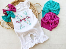 Load image into Gallery viewer, Personalized baby girl romper, vintage floral infant coming home outfit, baby shower gift, newborn outfit ruffle flutter, custom name
