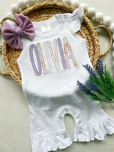 Load image into Gallery viewer, Personalized baby girl romper, vintage floral infant coming home outfit, baby shower gift, newborn outfit ruffle flutter, custom name
