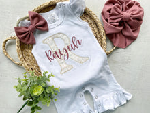 Load image into Gallery viewer, Personalized baby girl romper, vintage floral infant coming home outfit, baby shower gift, newborn outfit ruffle flutter, custom name
