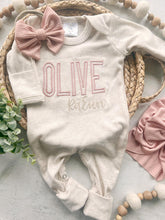 Load image into Gallery viewer, Baby Girl Coming Home Oufit Personalized oatmeal and blush vintage stitch girl romper with bow or turban, baby shower gift custom baby name
