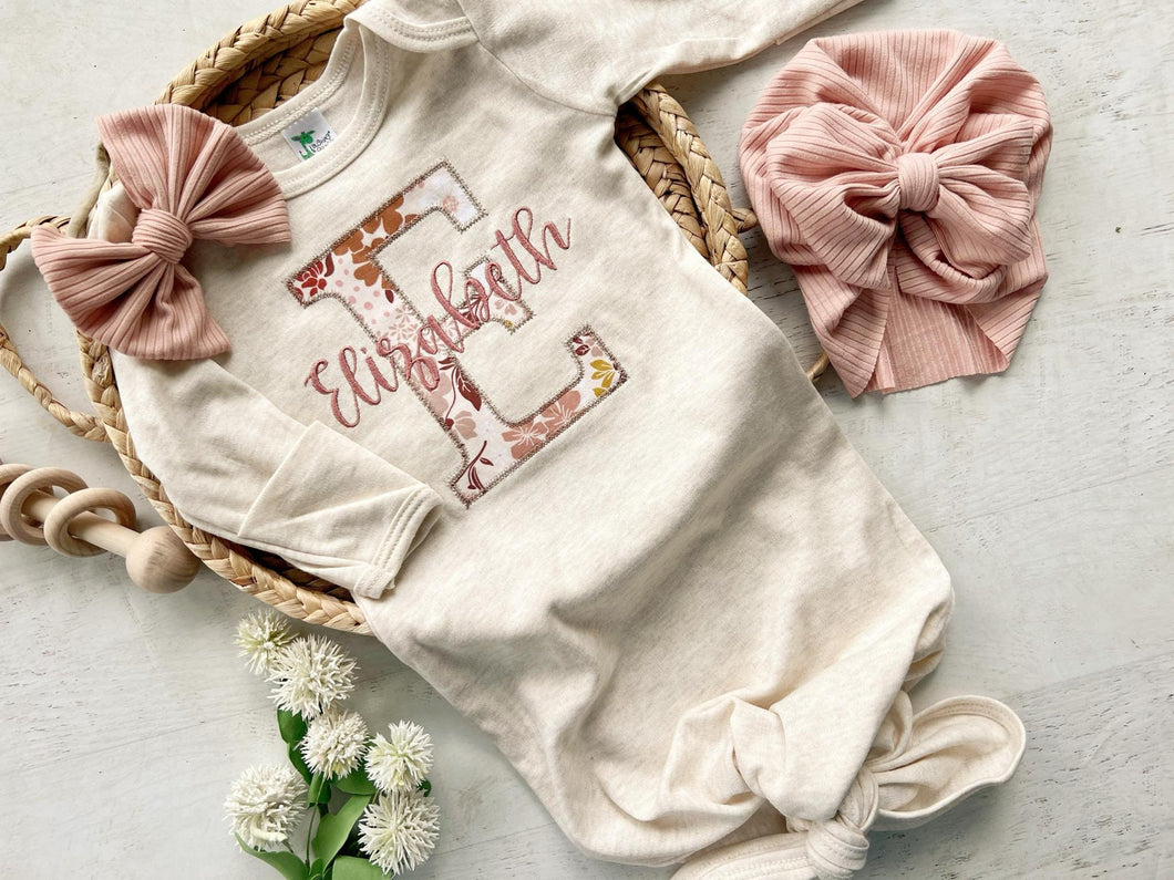 Personalized baby girl gown and bow set, custom coming home outfit for girl, baby shower gift, gold pink floral, cottagecore baby outfit