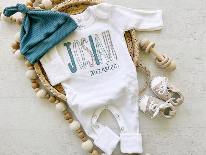 Personalized baby boy romper and bow set, custom coming home outfit for boy, baby shower gift, blue beige tan, cottagecore baby outfit