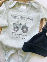 Load image into Gallery viewer, New to the farm romper, tractor coming home outfit for baby boy, farm boy sleeper, green tractor hospital outfit, ranch, sketch embroidery
