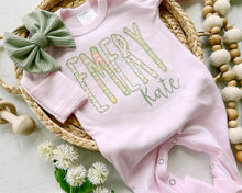 Load image into Gallery viewer, Personalized baby girl romper and bow, pink infant girl coming home outfit, custom name, baby shower gift, sleeper with footies, sage green
