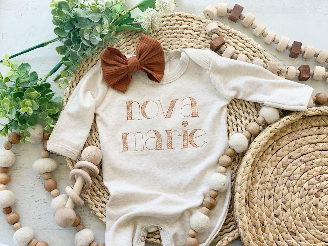 Personalized baby girl oatmeal romper with bow or turban, custom girl coming home outfit, baby girl shower gift, custom name baby gift