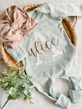 Load image into Gallery viewer, Personalized baby girl romper and hat set vintage floral infant coming home outfit baby shower gift, sleeper with footies custom name sage
