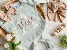 Load image into Gallery viewer, Personalized baby girl romper and hat set vintage floral infant coming home outfit baby shower gift, sleeper with footies custom name sage
