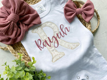 Load image into Gallery viewer, Personalized baby girl romper, vintage floral infant coming home outfit, baby shower gift, newborn outfit ruffle flutter, custom name
