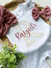 Load image into Gallery viewer, Personalized baby girl romper, vintage floral infant coming home outfit, baby shower gift, newborn outfit ruffle flutter, custom name
