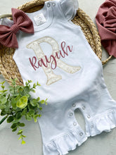 Load image into Gallery viewer, Personalized baby girl romper, vintage floral infant coming home outfit, baby shower gift, newborn outfit ruffle flutter, custom name
