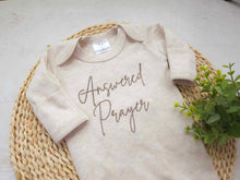 Load image into Gallery viewer, Miracle baby outfit with answered prayer embroidered on a oatmeal beige baby romper sleeper
