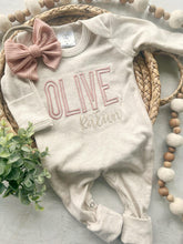 Load image into Gallery viewer, Baby Girl Coming Home Oufit Personalized oatmeal and blush vintage stitch girl romper with bow or turban, baby shower gift custom baby name
