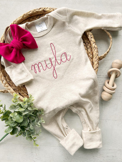 Baby Girl Going Home Outfit Personalized Oatmeal and Pink vintage stitch girl romper with bow or turban, baby shower gift newborn hospital