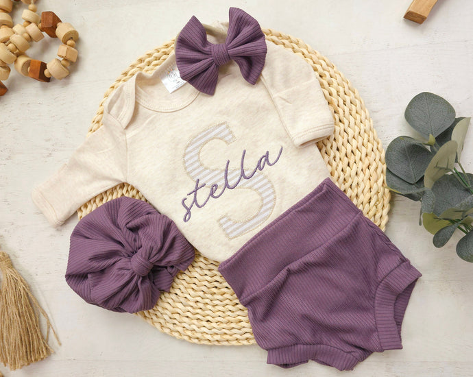 Baby girl personalized name outfit going home outfit beige plum purple floral bummies pants handmade baby shower gift