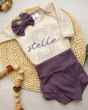 Load image into Gallery viewer, Personalized baby girl going home outfit newborn bodysuit outfit, custom name girl, coming home outfit for baby girl, baby girl name purple
