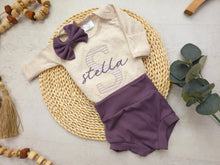 Load image into Gallery viewer, Personalized baby girl going home outfit newborn bodysuit outfit, custom name girl, coming home outfit for baby girl, baby girl name purple
