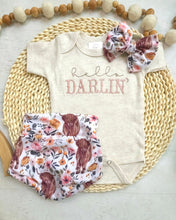 Load image into Gallery viewer, Baby Girl Highland Cow Outfit with Bummies, Hello Darlin Baby Girl Outfit, Going Home Newborn Baby Outfit Cowgirl Farm Girl Pink, Hospital
