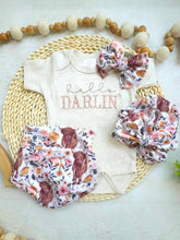 Load image into Gallery viewer, Baby Girl Highland Cow Outfit with Bummies, Hello Darlin Baby Girl Outfit, Going Home Newborn Baby Outfit Cowgirl Farm Girl Pink, Hospital
