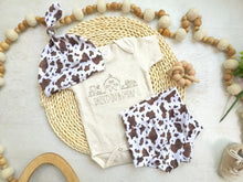 Load image into Gallery viewer, Baby boy farm animal outfit, cowprint Raised in a barn, hat and bodysuit baby outfit, farm baby shower or country themed baby shower
