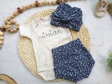 Load image into Gallery viewer, Personalized navy blue beige newborn outfit, custom name girl, coming home outfit for baby girl, baby girl outfit, aesthetic baby clothes
