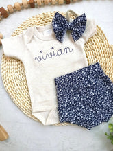 Load image into Gallery viewer, Personalized navy blue beige newborn outfit, custom name girl, coming home outfit for baby girl, baby girl outfit, aesthetic baby clothes
