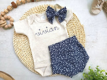 Load image into Gallery viewer, Personalized navy blue beige newborn outfit, custom name girl, coming home outfit for baby girl, baby girl outfit, aesthetic baby clothes
