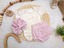 Load image into Gallery viewer, Personalized beige pink newborn outfit, custom name girl, coming home outfit for baby girl, baby girl outfit, aesthetic baby clothes oatmeal
