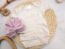 Load image into Gallery viewer, Personalized beige pink newborn outfit, custom name girl, coming home outfit for baby girl, baby girl outfit, aesthetic baby clothes oatmeal
