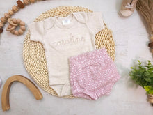 Load image into Gallery viewer, Personalized beige pink newborn outfit, custom name girl, coming home outfit for baby girl, baby girl outfit, aesthetic baby clothes oatmeal
