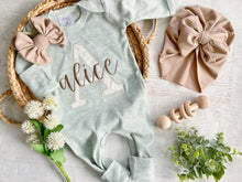 Load image into Gallery viewer, Personalized baby girl romper and hat set vintage floral infant coming home outfit baby shower gift, sleeper with footies custom name sage
