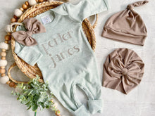 Load image into Gallery viewer, Personalized baby boy romper with hat, custom baby boy coming home outfit, baby shower gift for baby boy outfit sage green newborn sleeper
