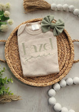 Load image into Gallery viewer, personalized baby girl outfit with bummies, custom name baby outfit with bows, sage green, baby girl going home outfit baby shower
