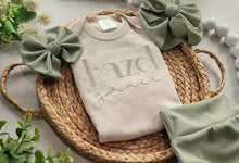 Load image into Gallery viewer, personalized baby girl outfit with bummies, custom name baby outfit with bows, sage green, baby girl going home outfit baby shower
