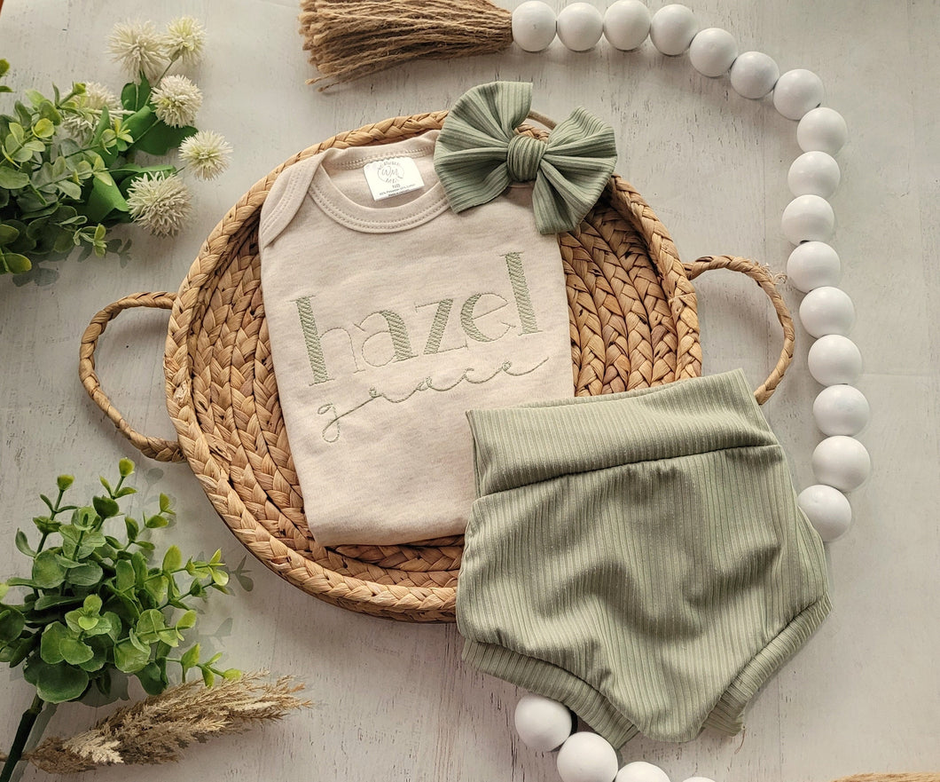 Baby girl custom name outfit for baby shower going home outfit beige oatmeal green