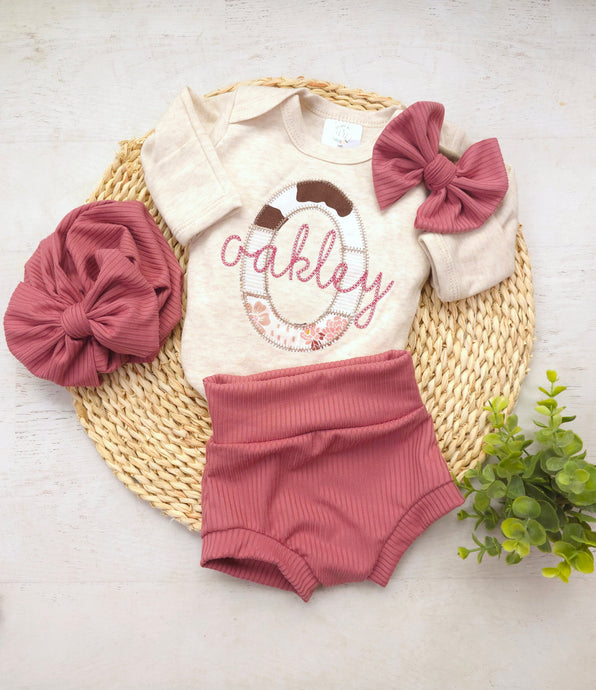 Baby girlpersonalized name outfit going home outfit beige pink cowprint floral bummies pants handmade