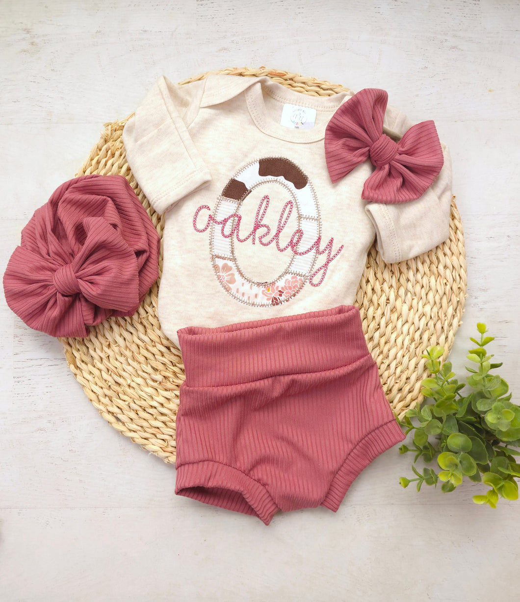 Baby girlpersonalized name outfit going home outfit beige pink cowprint floral bummies pants handmade