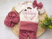 Load image into Gallery viewer, Personalized Baby Girl Going Home Outfit Gift Newborn baby girl outfit with bummies cowgirl baby shower gift custom name romper special gift
