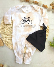 Load image into Gallery viewer, baby boy outfit hat set, baby mountain biking romper boy coming home outfit baby shower gift sleeper with footies a little dirt doesn&#39;t hurt
