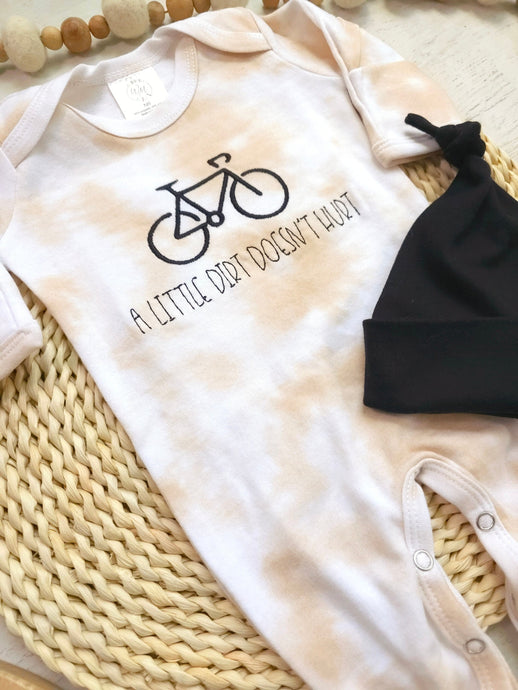 Baby boy bike outfit, a little dirt doesn't hurt newbor outfit, baby romper and hat gift set