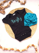 Load image into Gallery viewer, Personalized Teal Blue Newborn Baby outfit, custom name girl, coming home outfit for baby girl, baby girl outfit, Hospital Baby Pictures
