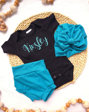 Load image into Gallery viewer, Personalized Teal Blue Newborn Baby outfit, custom name girl, coming home outfit for baby girl, baby girl outfit, Hospital Baby Pictures
