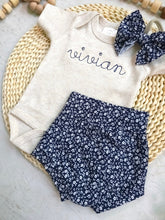 Load image into Gallery viewer, Personalized navy blue beige newborn outfit, custom name girl, coming home outfit for baby girl, baby girl outfit, aesthetic baby clothes
