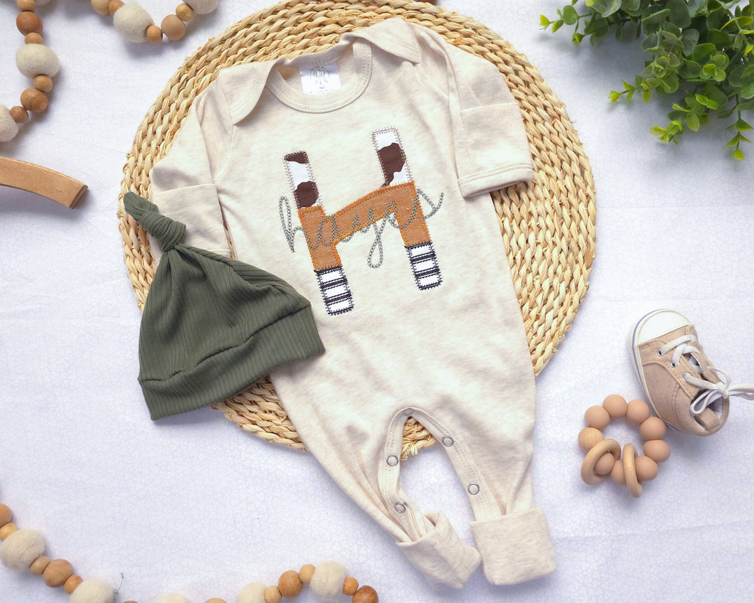 Personalized neutral baby romper and hat set, custom infant boy coming home outfit, baby shower gift, sleeper with footies western farm baby