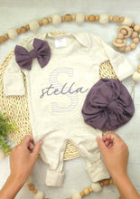 Load image into Gallery viewer, Personalized baby girl romper and hat set, purple beige infant coming home outfit, baby shower gift, sleeper with footies, custom name
