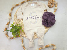 Load image into Gallery viewer, Personalized baby girl romper and hat set, purple beige infant coming home outfit, baby shower gift, sleeper with footies, custom name
