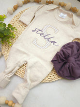 Load image into Gallery viewer, Personalized baby girl romper and hat set, purple beige infant coming home outfit, baby shower gift, sleeper with footies, custom name
