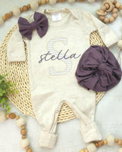 Load image into Gallery viewer, Personalized baby girl romper and hat set, purple beige infant coming home outfit, baby shower gift, sleeper with footies, custom name
