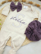 Load image into Gallery viewer, Personalized baby girl romper and hat set, purple beige infant coming home outfit, baby shower gift, sleeper with footies, custom name
